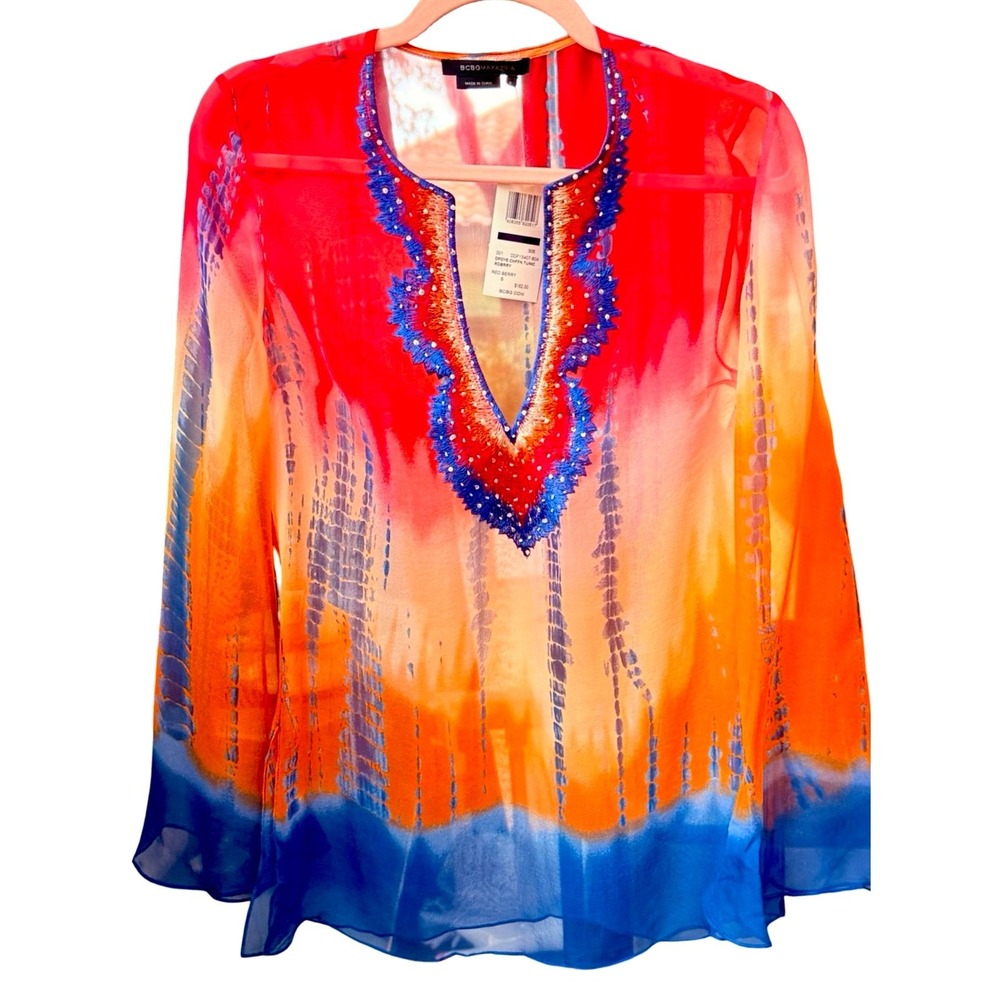 NWT BCBGMAXAZRIA Aria Silk Tunic Top Beaded Red Berry Blue Small